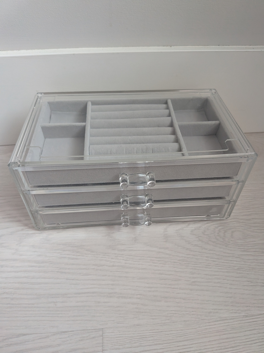 Clear Acrylic Jewelry Organizer Box with Gray Velvet Drawers